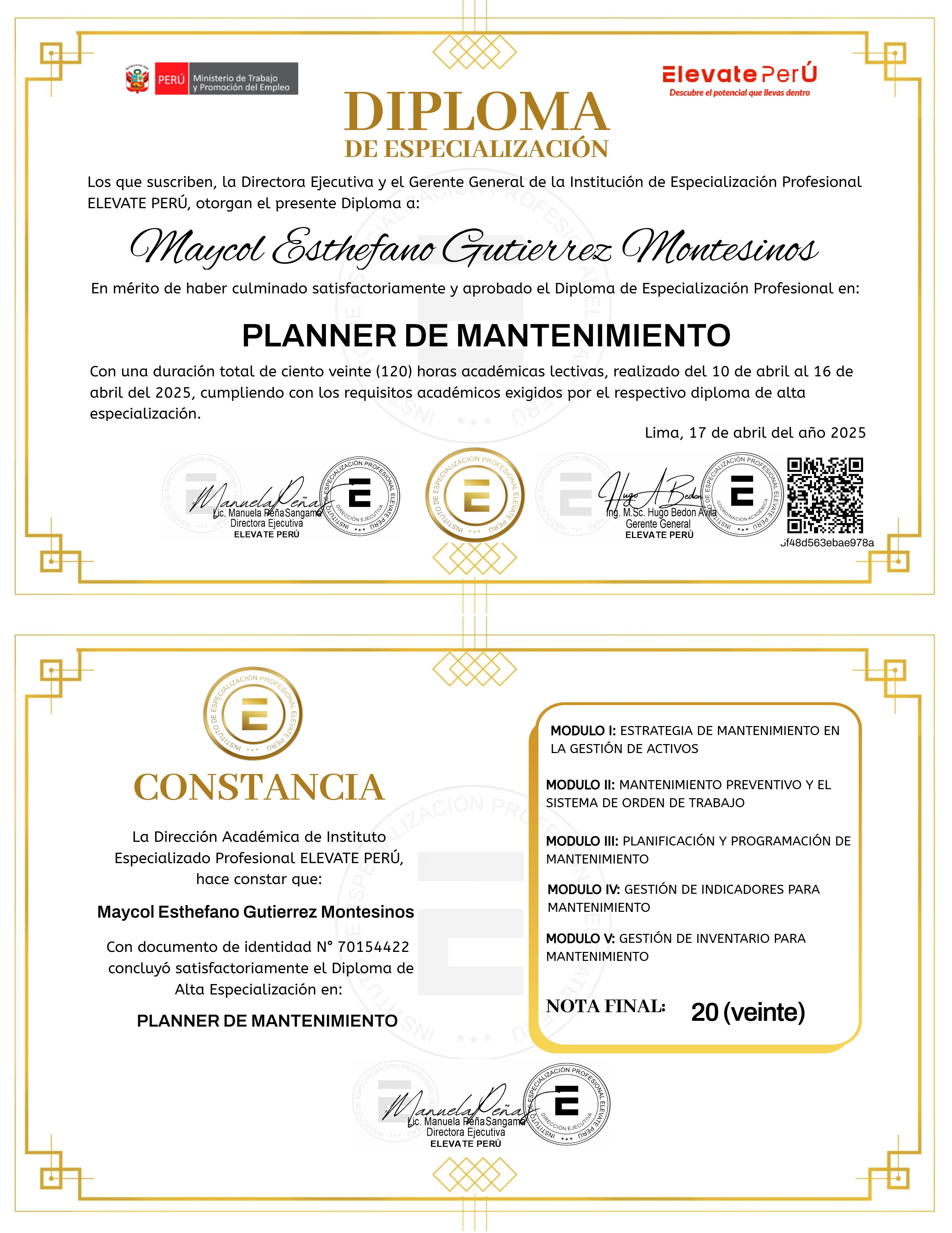 ESPECIALIZACIÓN EN PLANNER DE MANTENIMIENTO