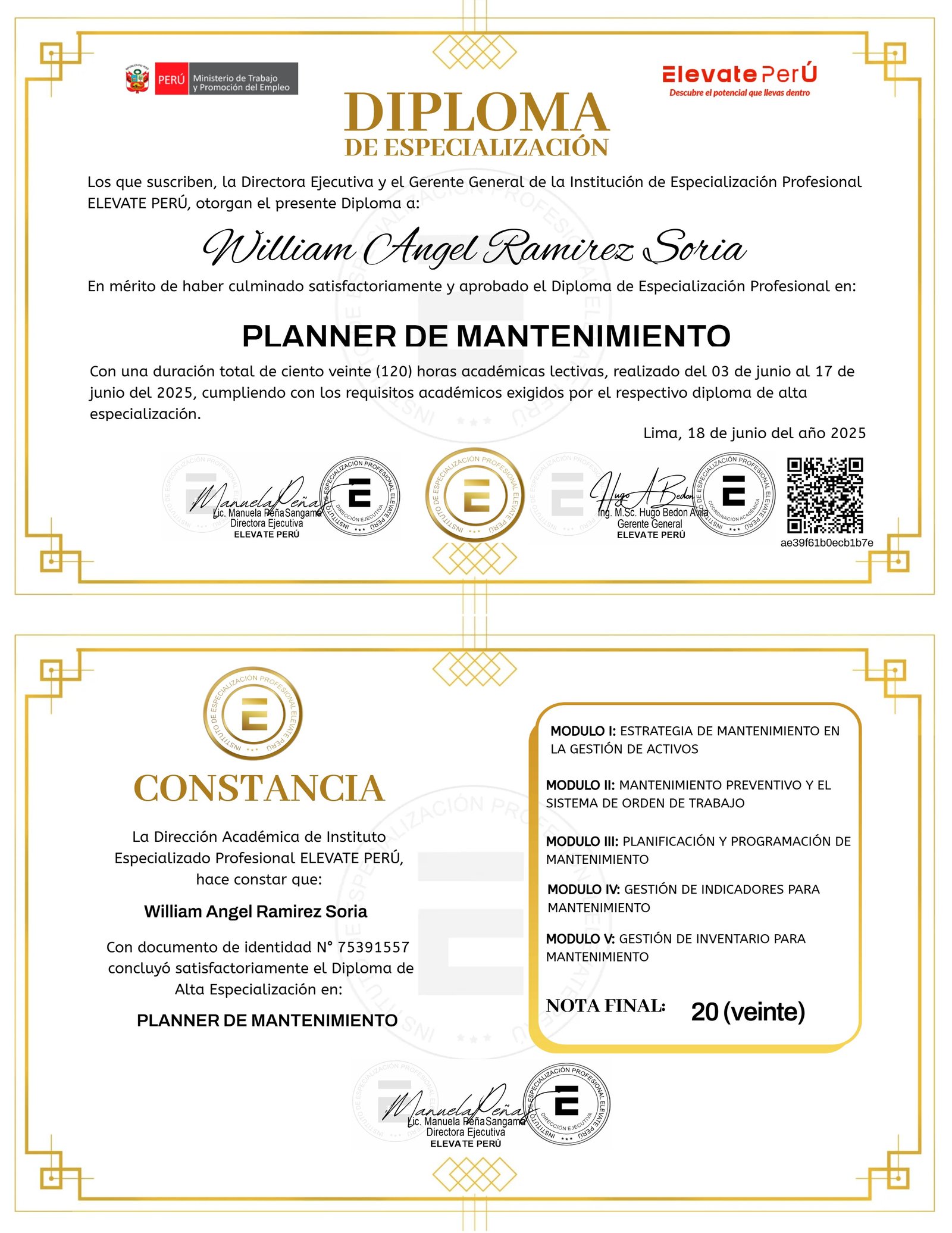 DIPLOMA DE ESPECIALIZACIÓN PROFESIONAL PLANNER DE MANTENIMIENTO