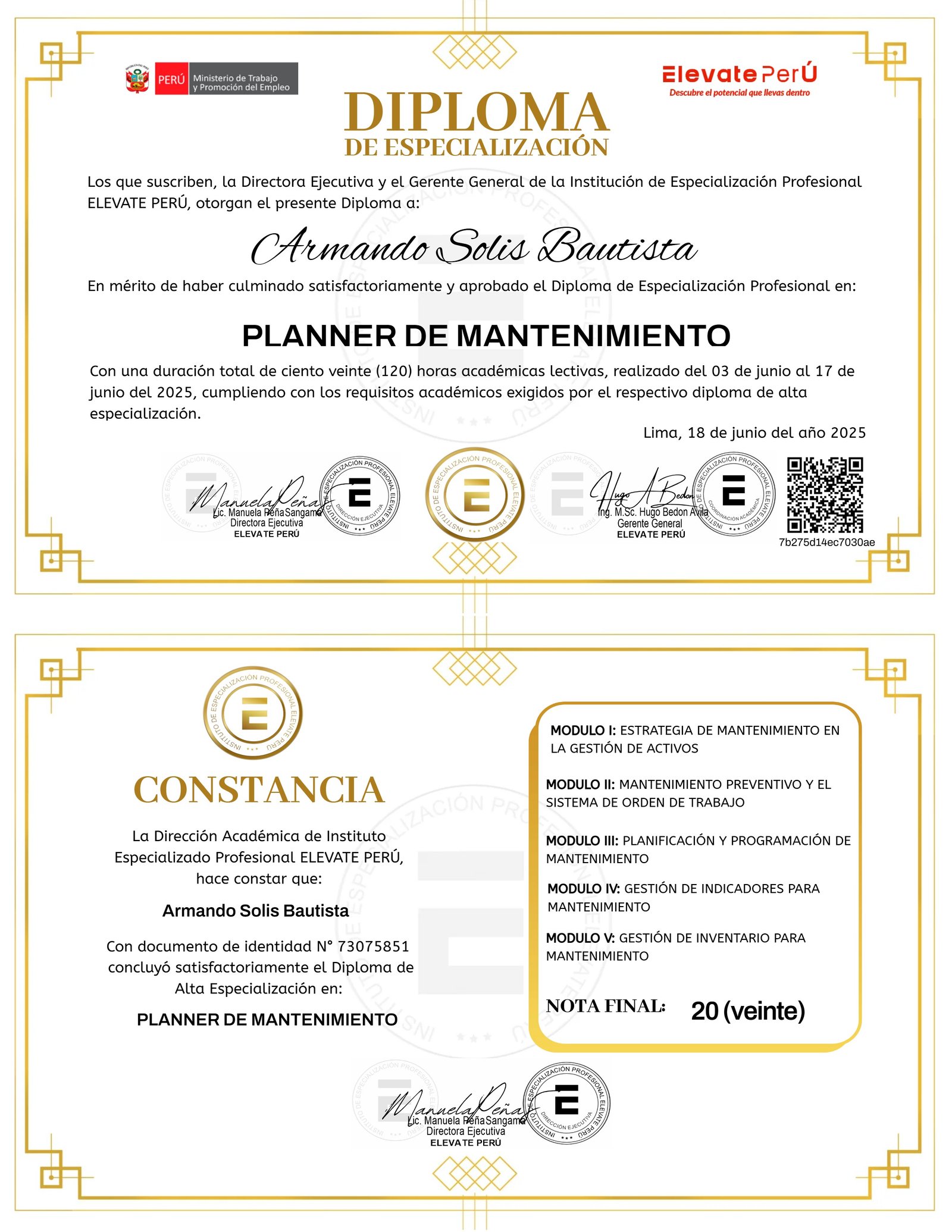 DIPLOMA DE ESPECIALIZACIÓN PROFESIONAL PLANNER DE MANTENIMIENTO